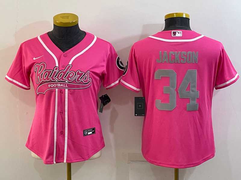 Women's Las Vegas Raiders #34 Bo Jackson Pink With Patch Cool Base Stitched Baseball Jersey
